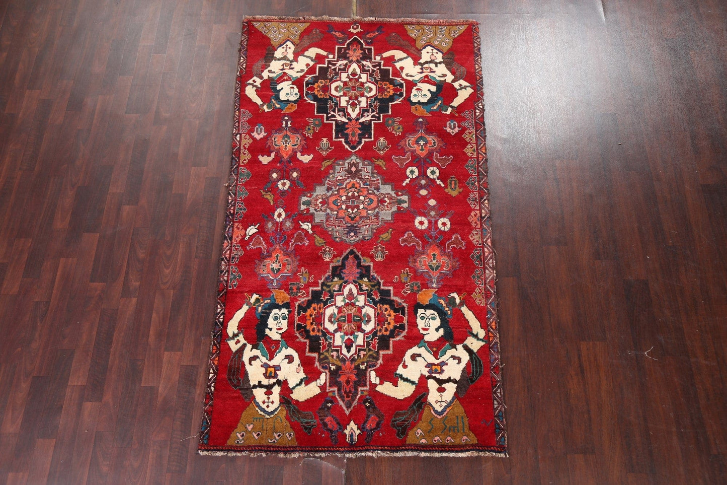 Pictorial Red Vintage Qashqai Persian Area Rug 4x8