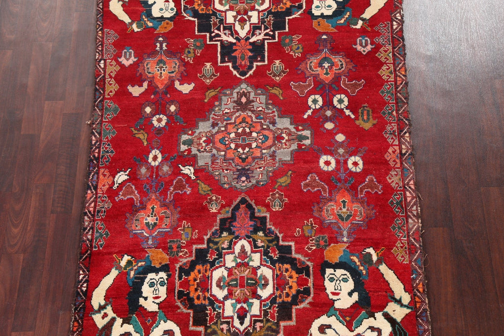 Pictorial Red Vintage Qashqai Persian Area Rug 4x8