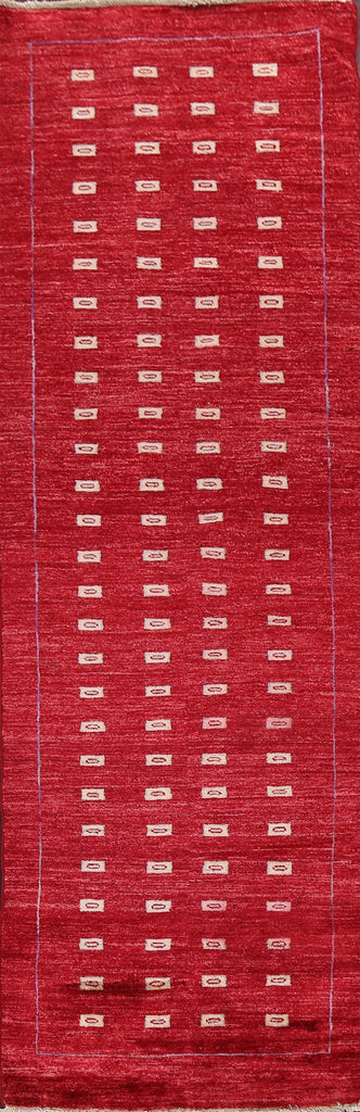 Red Geometric Gabbeh Kashkoli Oriental Runner Rug 3x9