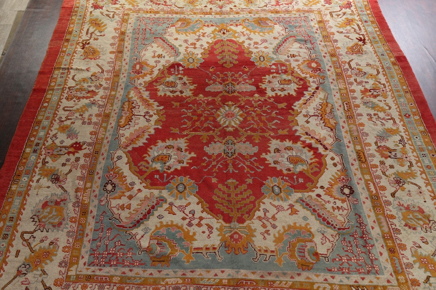 Pre-1900 Antique Vegetable Dye Oushak Large Turkish Rug 14x17