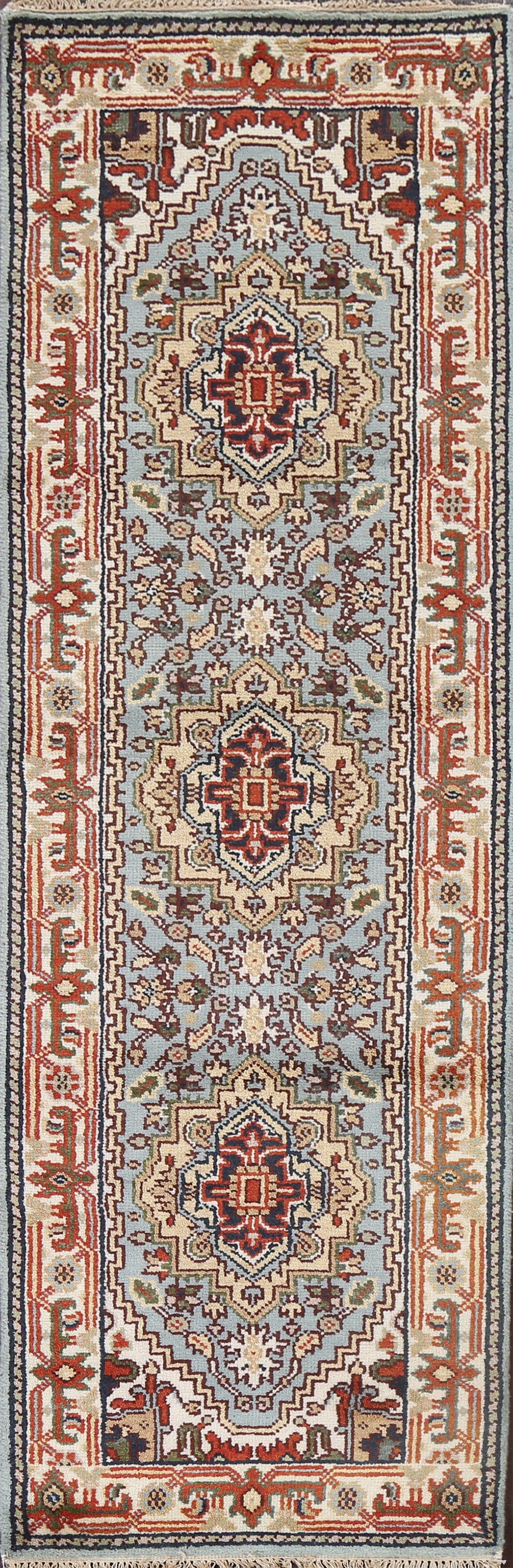 Hand-Knotted Wool Heriz Oriental Runner Rug 3x8