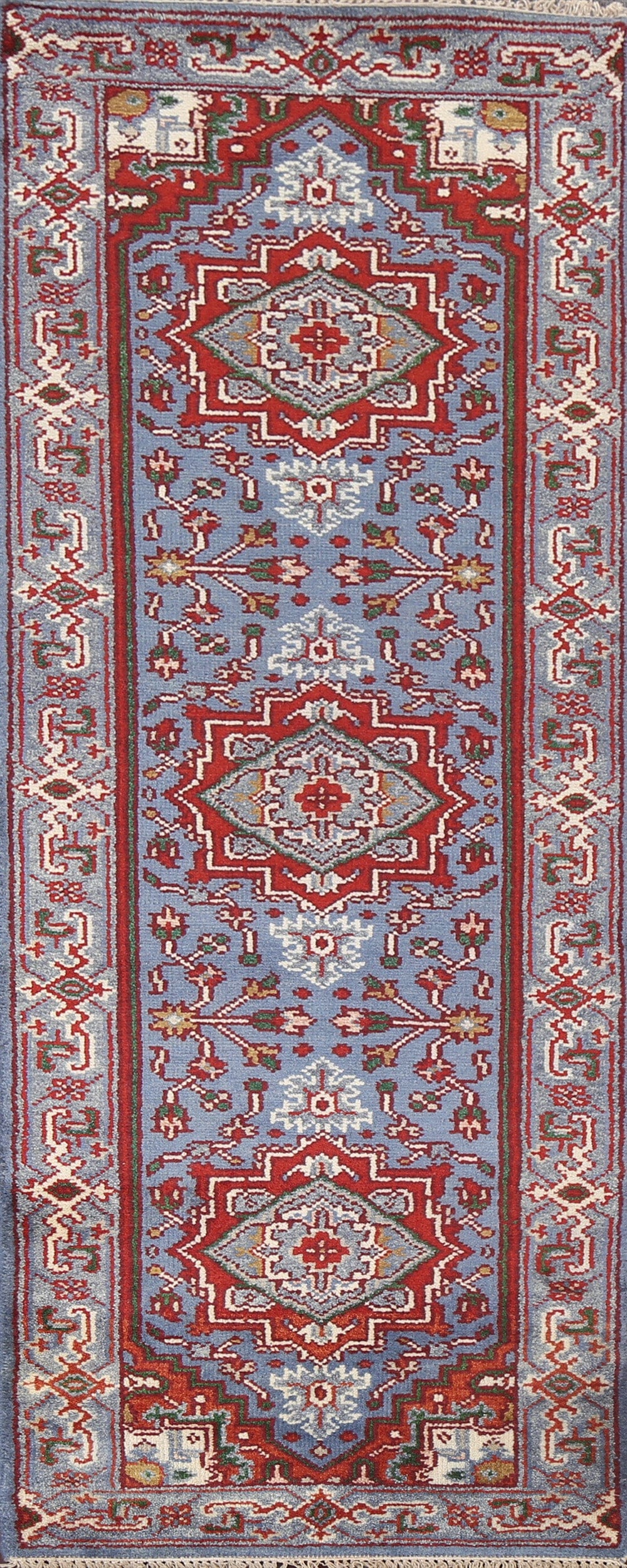 Blue Geometric Heriz Oriental Runner Rug 3x8