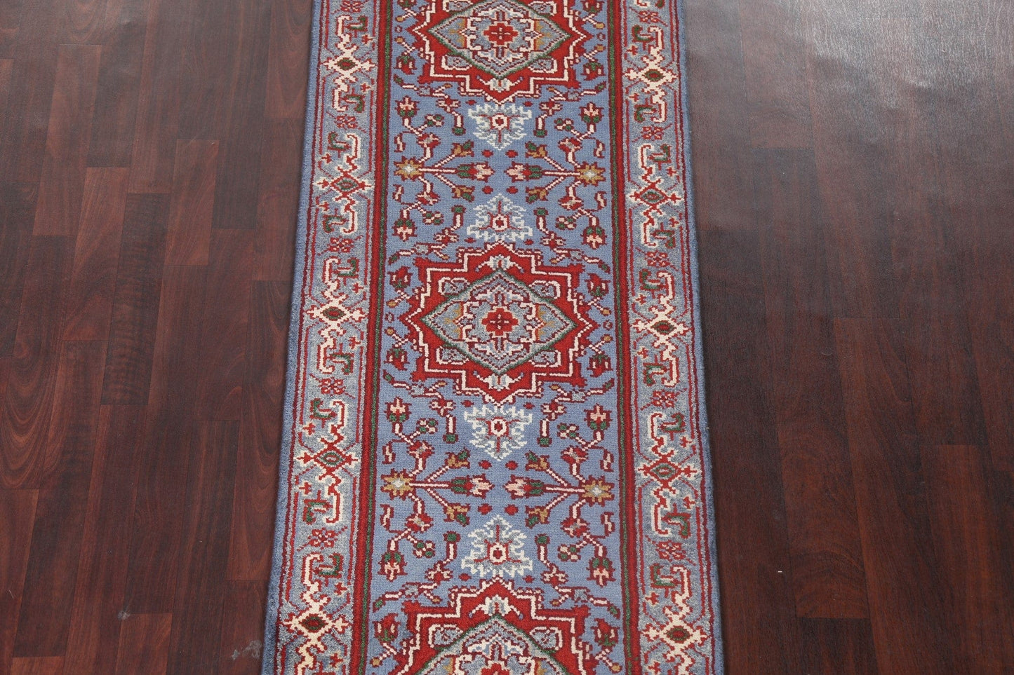 Blue Geometric Heriz Oriental Runner Rug 3x8