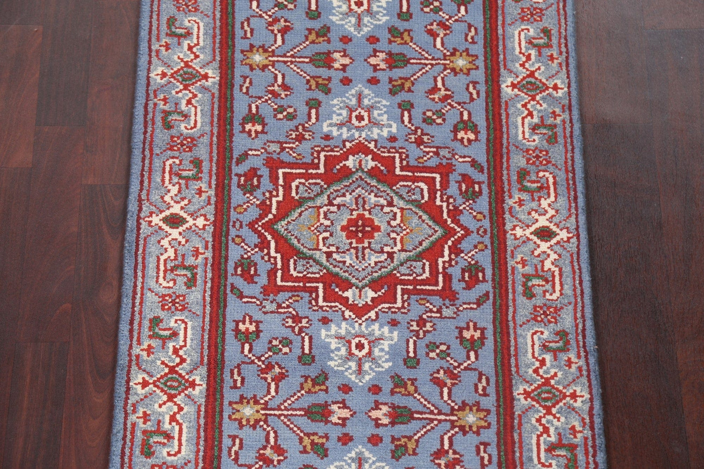 Blue Geometric Heriz Oriental Runner Rug 3x8