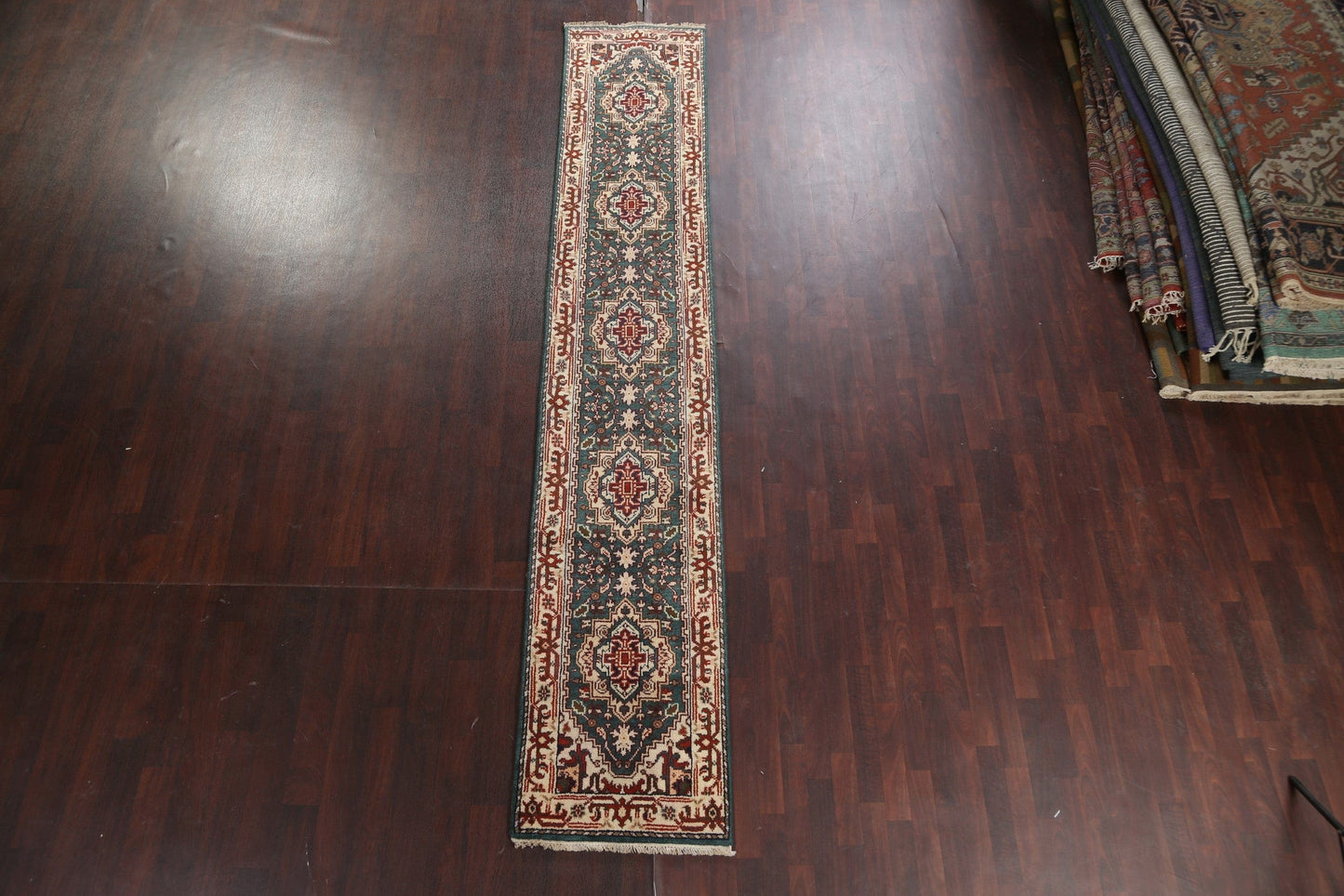 Green Wool Heriz Serapi Oriental Runner Rug 2x13