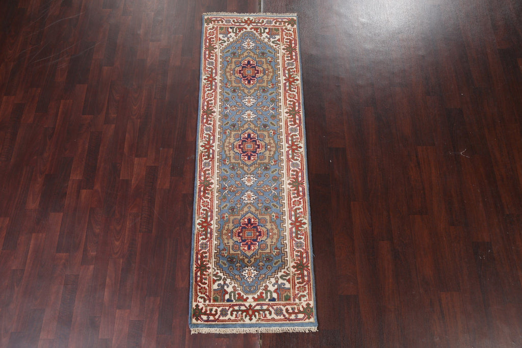 Light Blue Wool Heriz Serapi Oriental Runner Rug 3x8