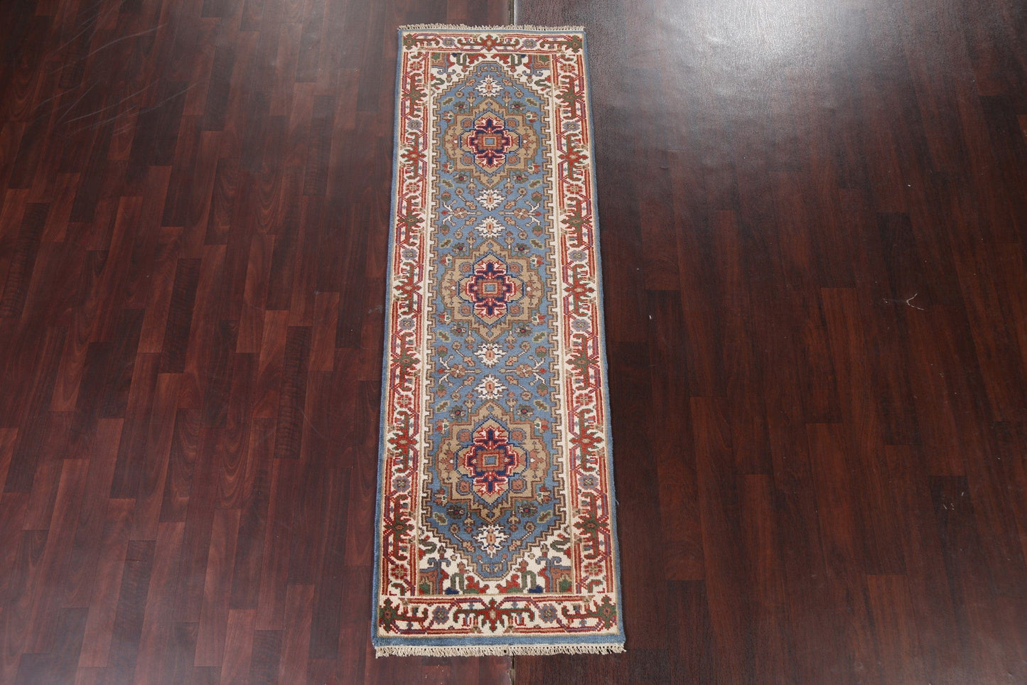 Light Blue Wool Heriz Serapi Oriental Runner Rug 3x8