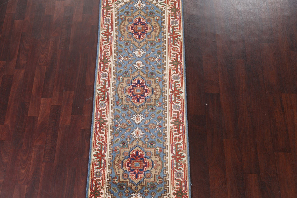 Light Blue Wool Heriz Serapi Oriental Runner Rug 3x8