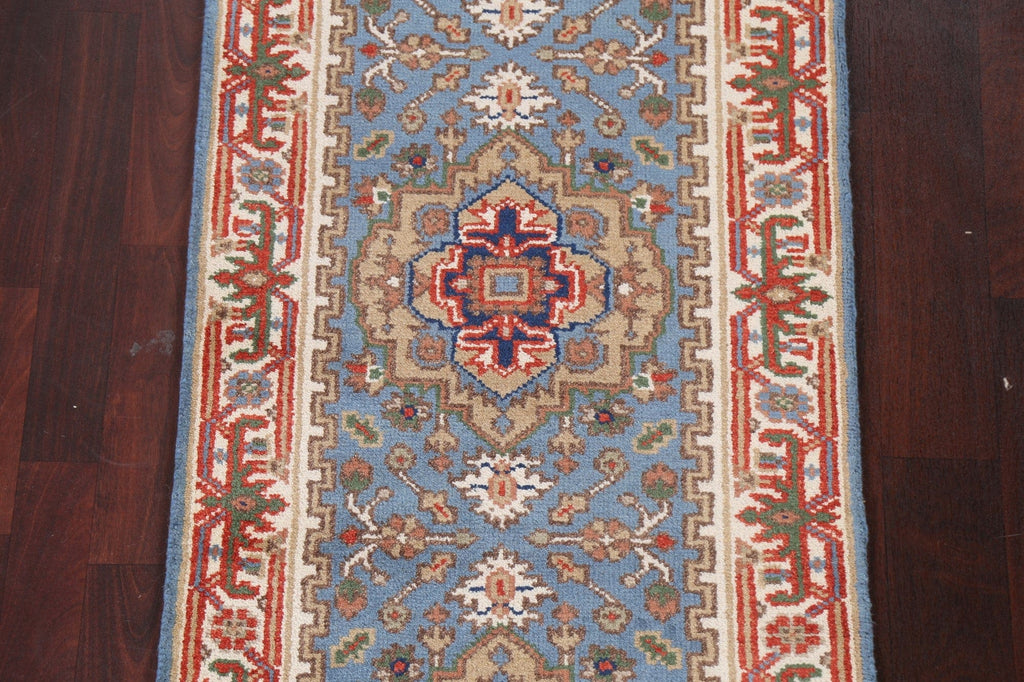 Light Blue Wool Heriz Serapi Oriental Runner Rug 3x8