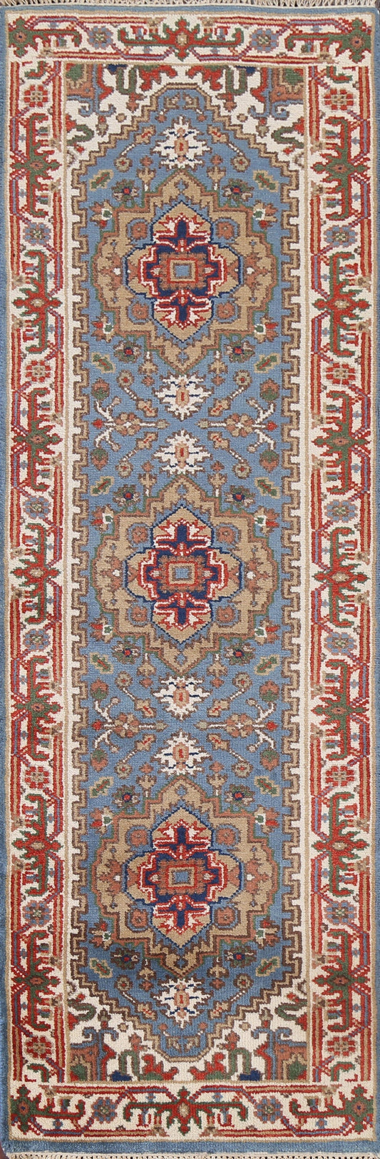 Light Blue Wool Heriz Serapi Oriental Runner Rug 3x8