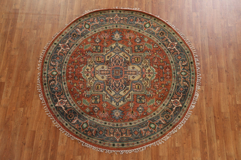 Orange Geometric Heriz Serapi Oriental Round Rug 6x6