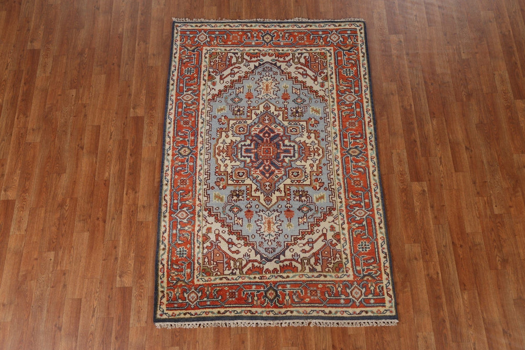 Geometric Light Blue Heriz Serapi Oriental Area Rug 4x6