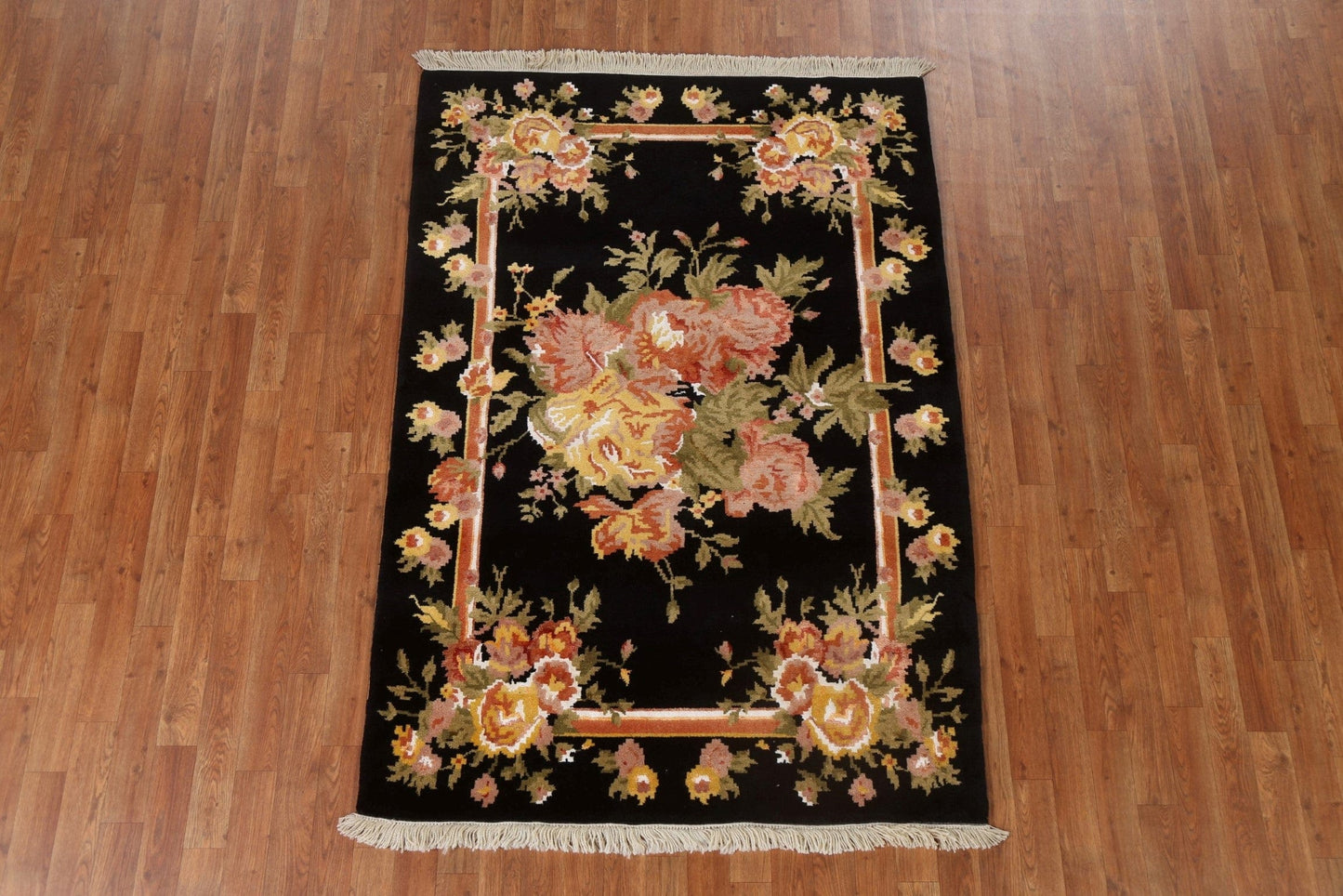 Black Floral Aubusson Oriental Area Rug 4x6