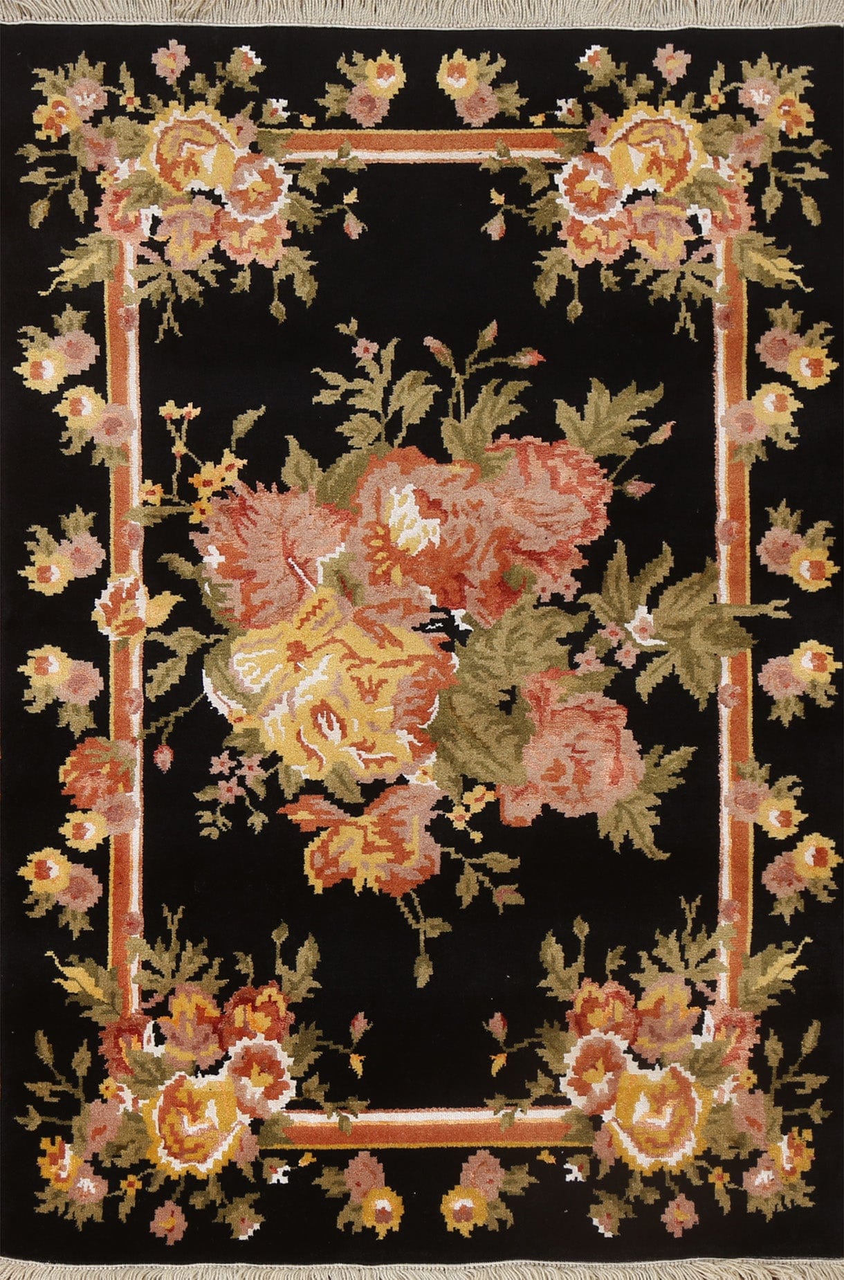 Black Floral Aubusson Oriental Area Rug 4x6