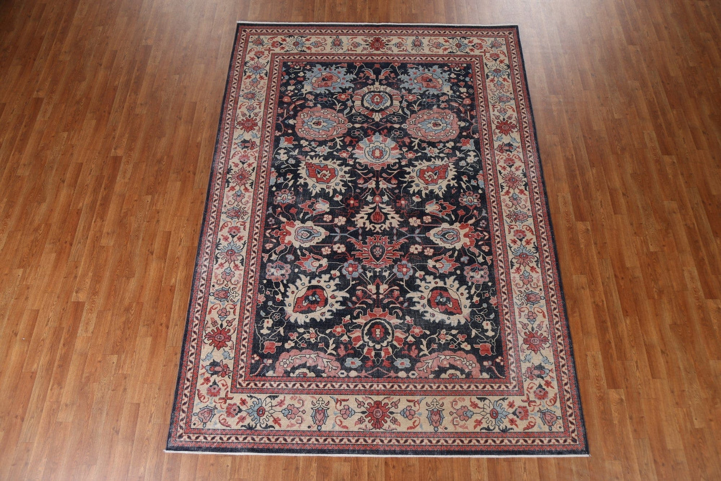 Navy Blue Floral Heriz Serapi Turkish Area Rug 7x10