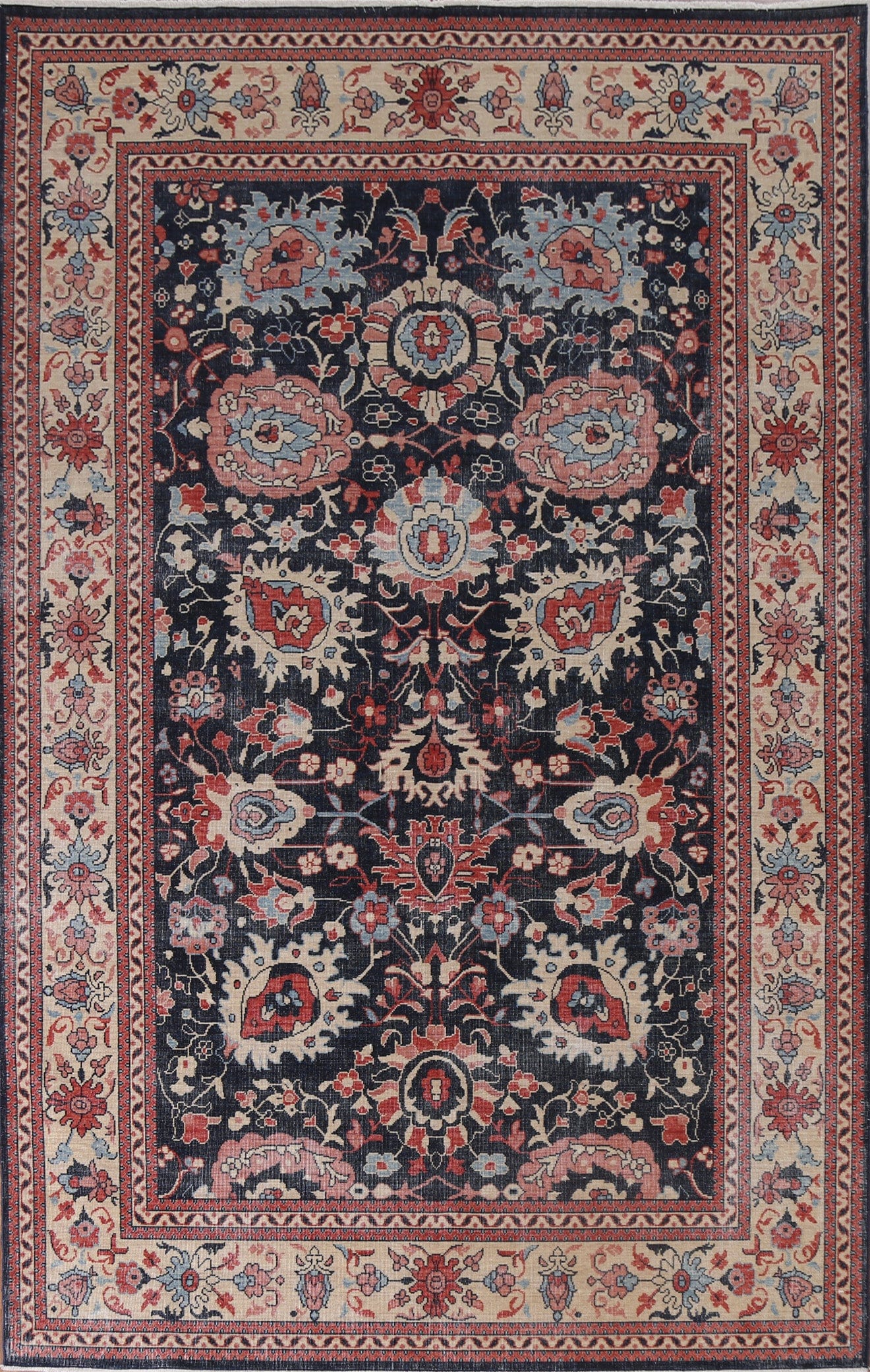 Navy Blue Floral Heriz Serapi Turkish Area Rug 7x10