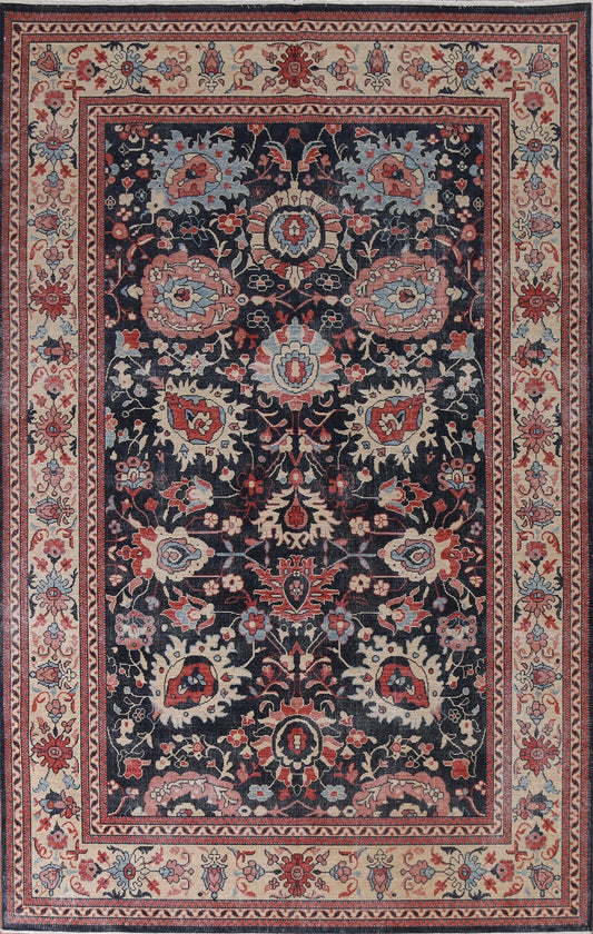 Navy Blue Floral Heriz Serapi Turkish Area Rug 7x10