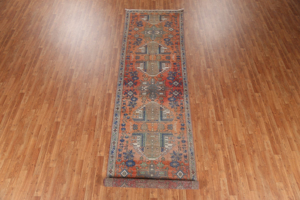 Hand-Knotted Wool Heriz Persian Runner Rug 4x14