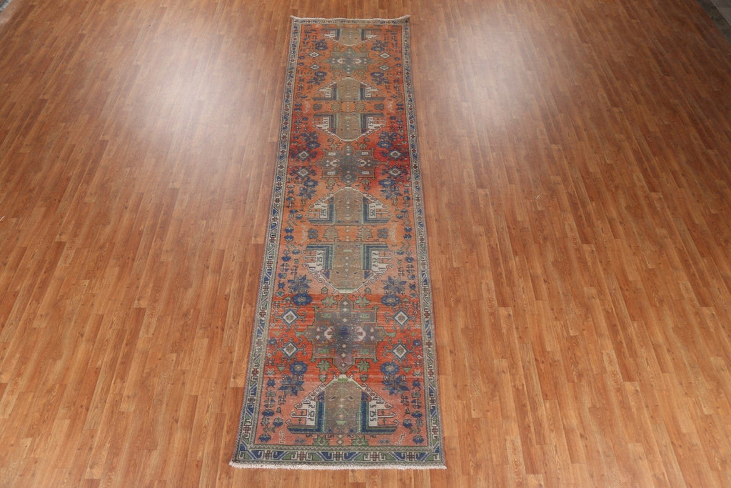 Hand-Knotted Wool Heriz Persian Runner Rug 4x14