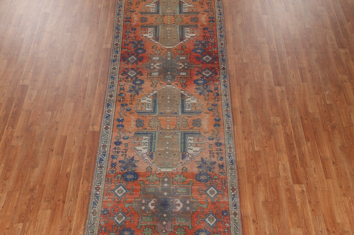 Hand-Knotted Wool Heriz Persian Runner Rug 4x14