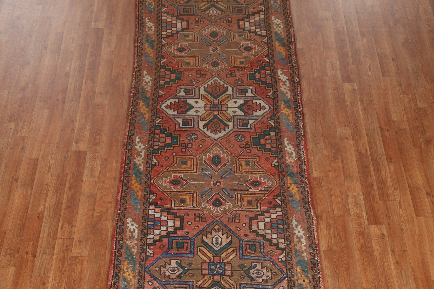 Vintage Geometric Hamedan Persian Runner Rug 3x10