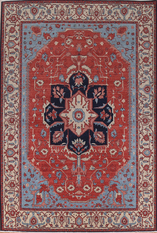 Hand-Knotted Red Heriz Serapi Turkish Wool Rug 9x12