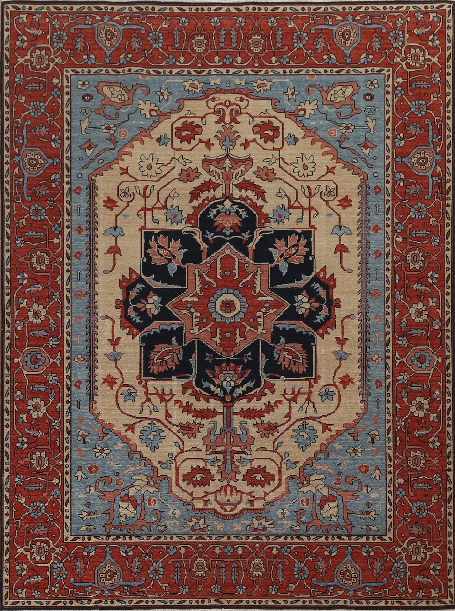 Geometric Hand-Knotted Heriz Serapi Turkish Wool Rug 8x10