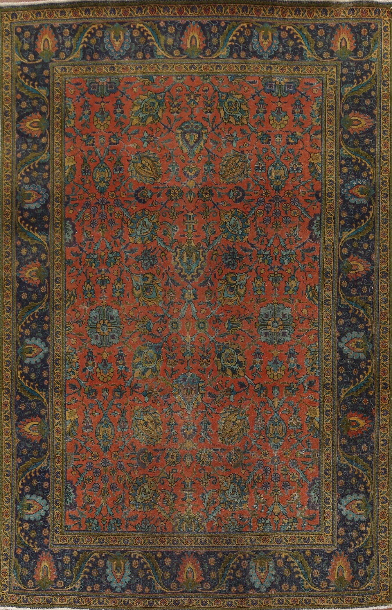 Floral Distressed Over-Dyed Tabriz Persian Wool Rug 8x11