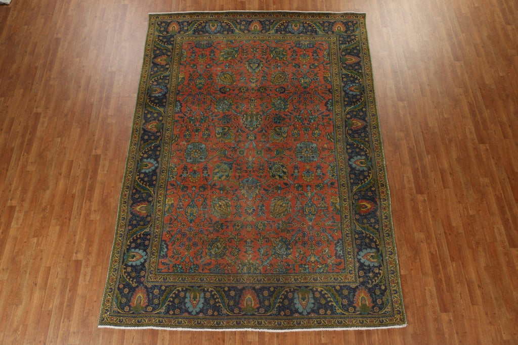 Floral Distressed Over-Dyed Tabriz Persian Wool Rug 8x11