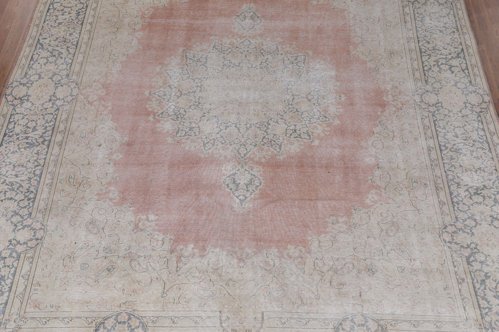 Geometric Distressed Wool Kerman Persian Area Rug 10x13