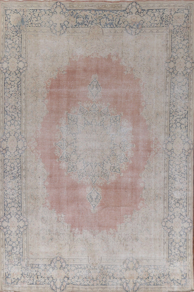 Geometric Distressed Wool Kerman Persian Area Rug 10x13