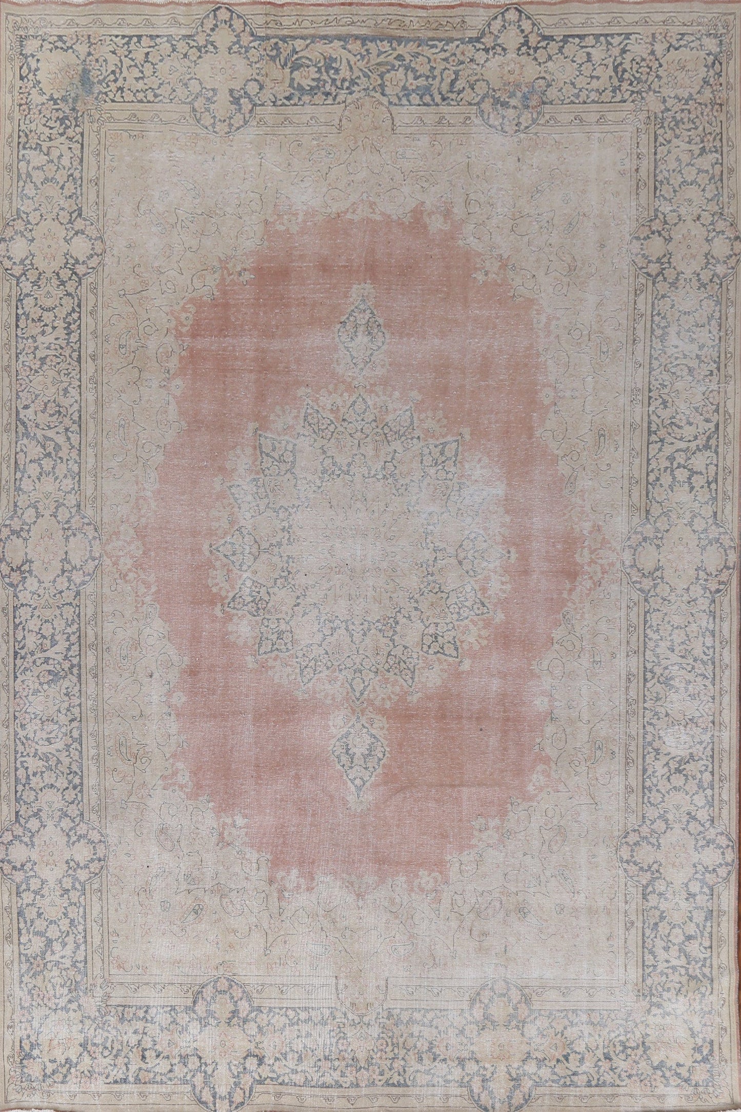 Geometric Distressed Wool Kerman Persian Area Rug 10x13