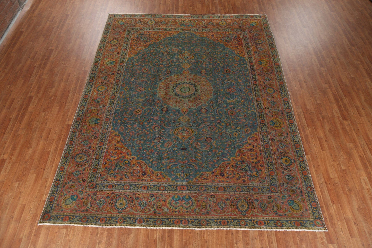 Floral Distressed Over-Dyed Tabriz Persian Area Rug 9x12