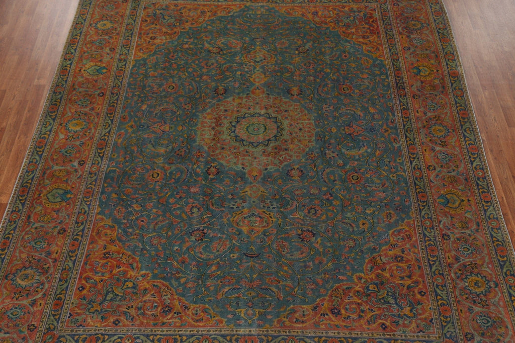 Floral Distressed Over-Dyed Tabriz Persian Area Rug 9x12