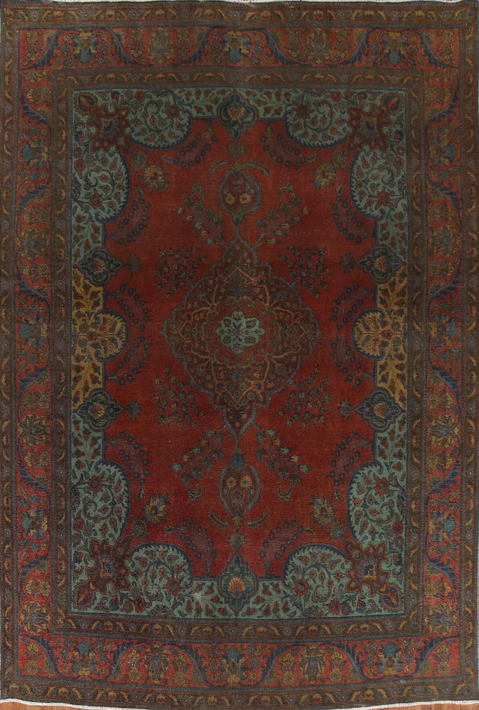 Floral Distressed Over-Dyed Tabriz Persian Area Rug 10x13