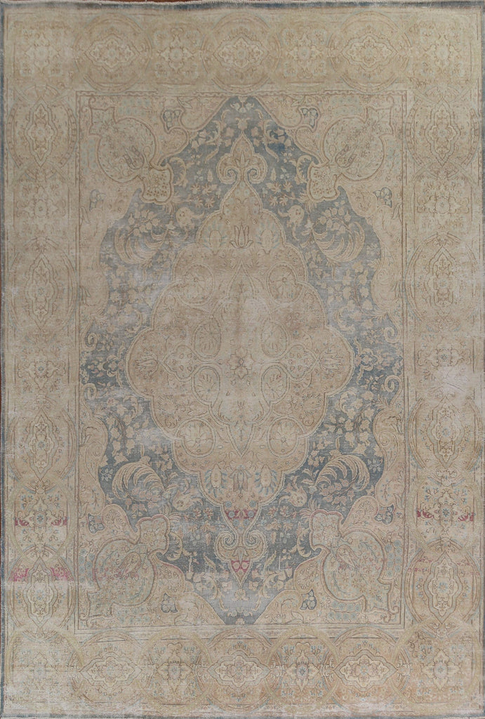 Floral Distressed Wool Kerman Persian Area Rug 10x13