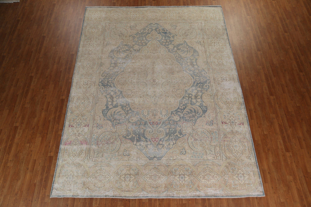 Floral Distressed Wool Kerman Persian Area Rug 10x13