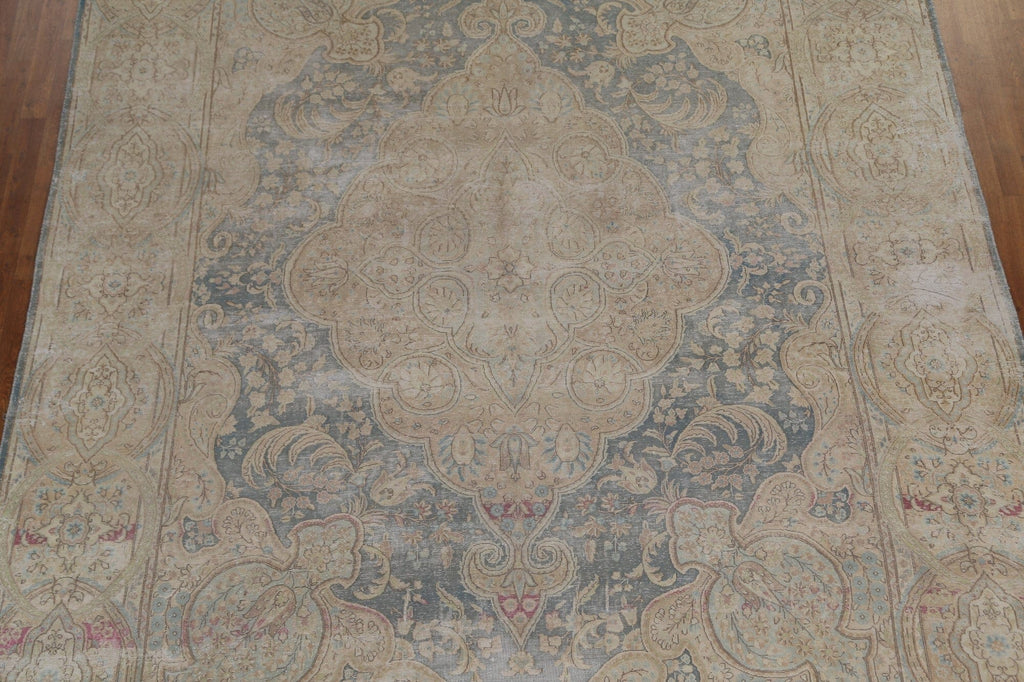 Floral Distressed Wool Kerman Persian Area Rug 10x13