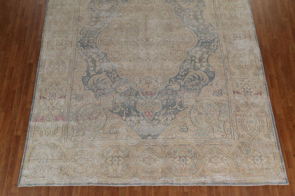 Floral Distressed Wool Kerman Persian Area Rug 10x13