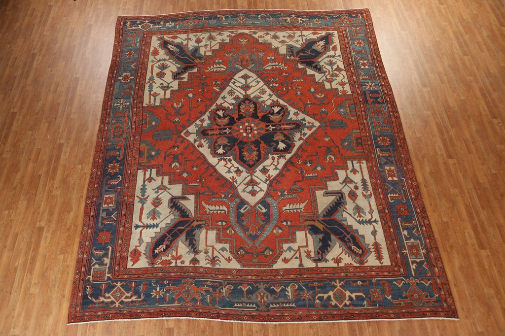 Pre-1900 Antique Heriz Serapi Vegetable Dye Persian Rug 11x13