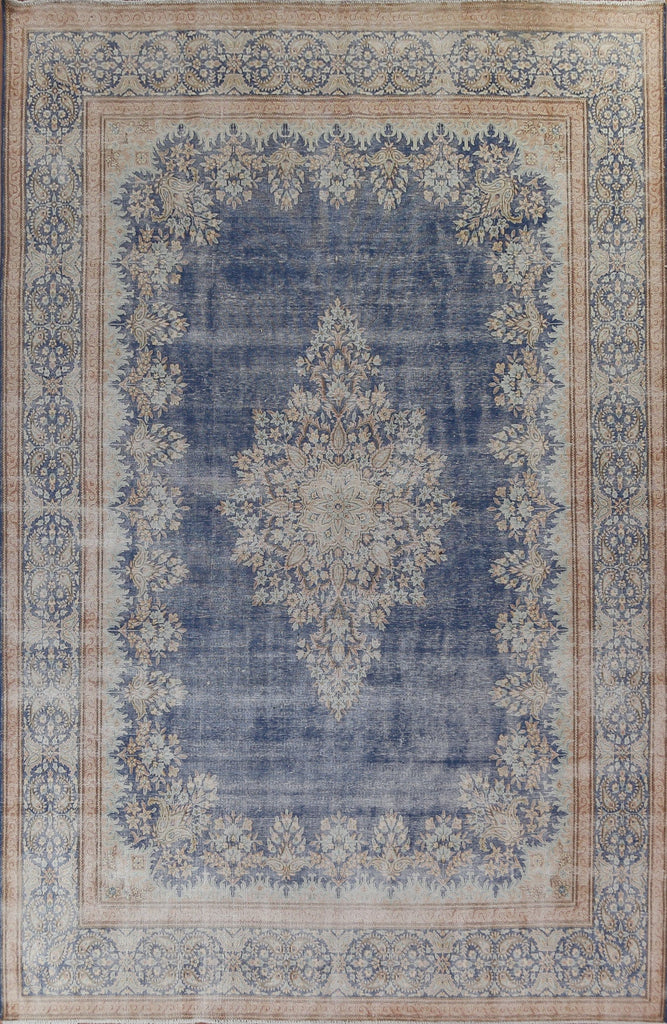 Muted Distressed Kerman Persian Wool Rug 10x14