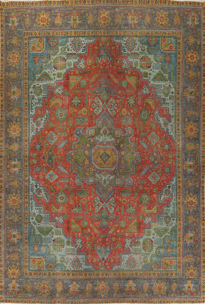 Distressed Geometric Tabriz Persian Area Rug 10x13