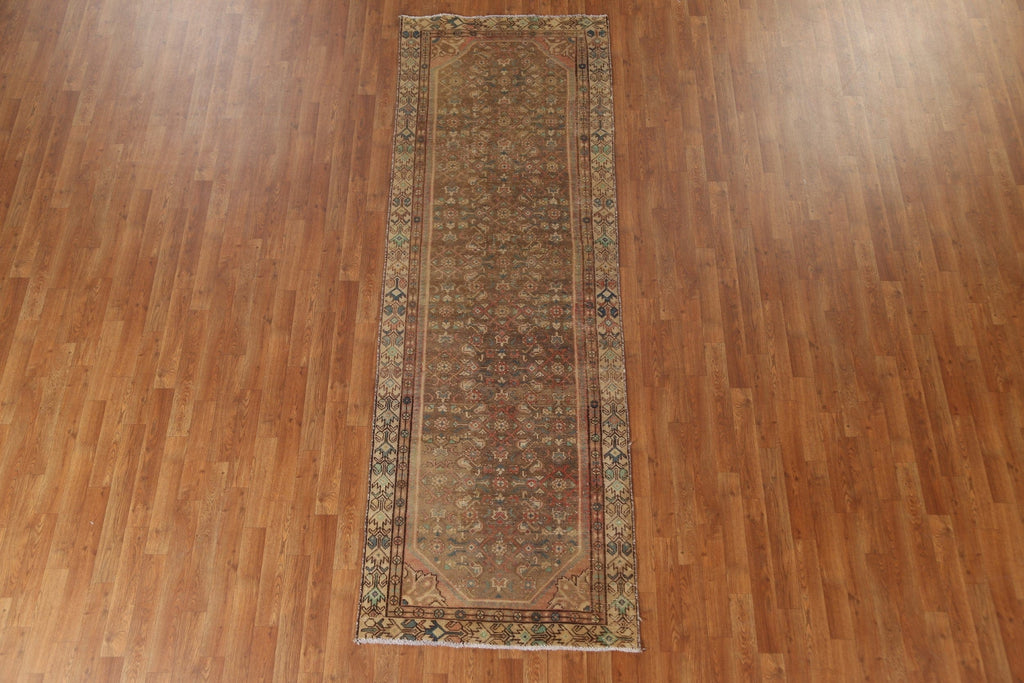 Brown Wool Hamedan Persian Runner Rug 3x10