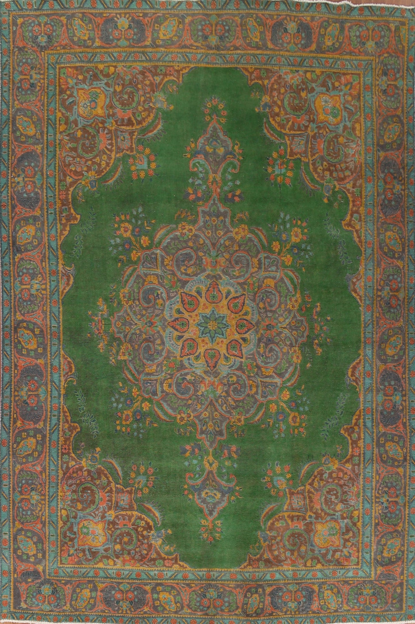 Distressed Green Tabriz Persian Area Rug 9x13