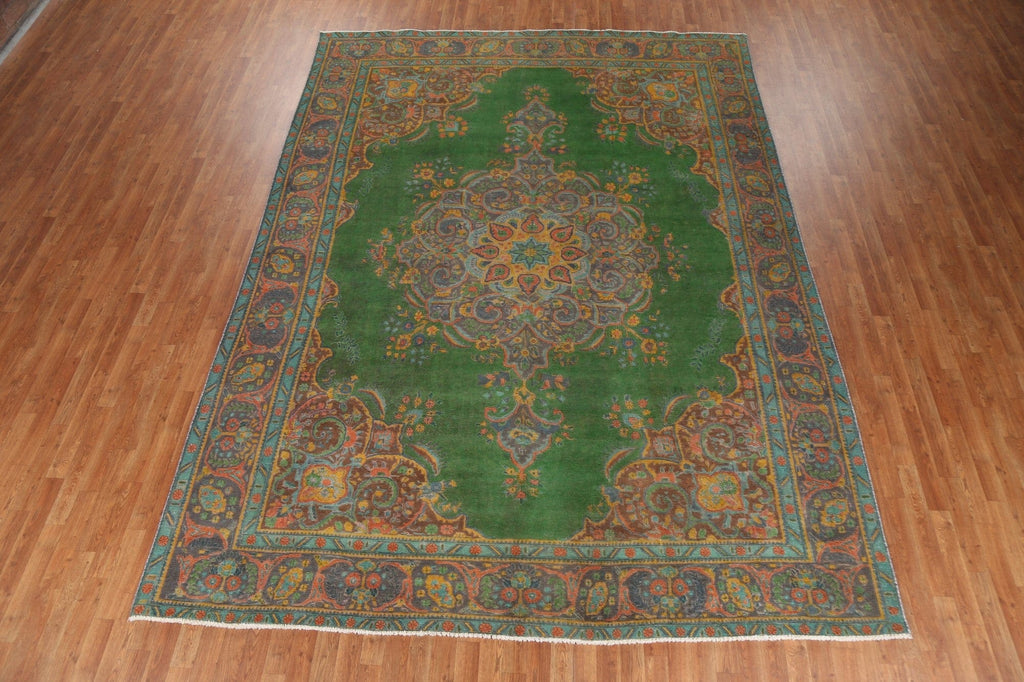 Distressed Green Tabriz Persian Area Rug 9x13