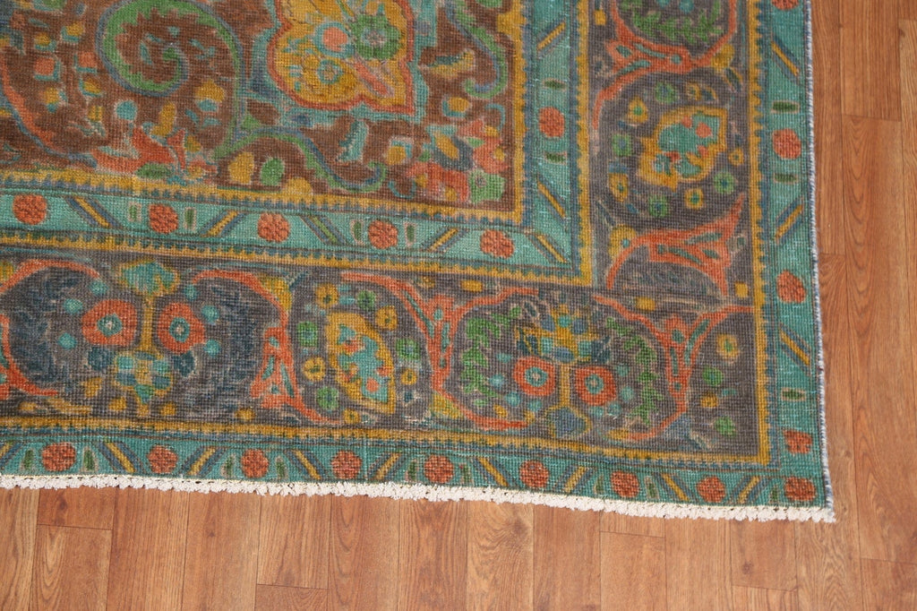 Distressed Green Tabriz Persian Area Rug 9x13