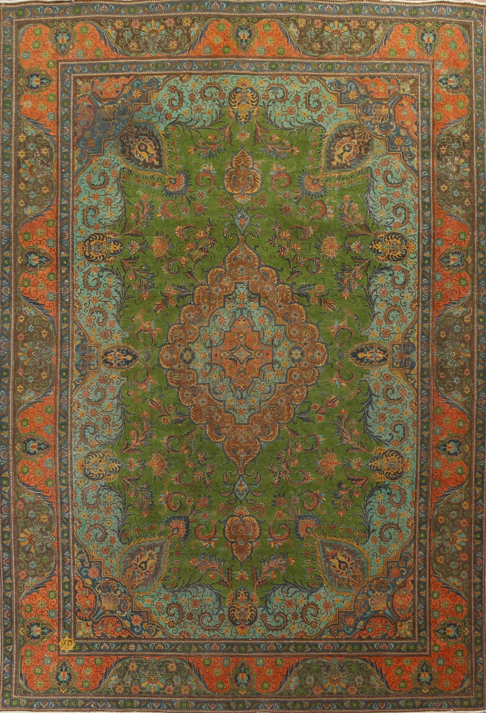 Distressed Green Tabriz Persian Area Rug 10x13