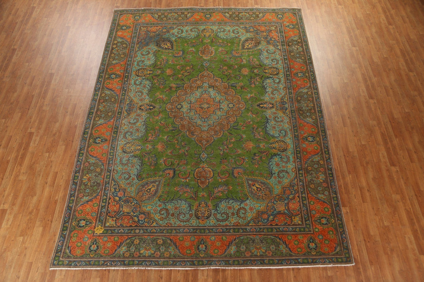 Distressed Green Tabriz Persian Area Rug 10x13