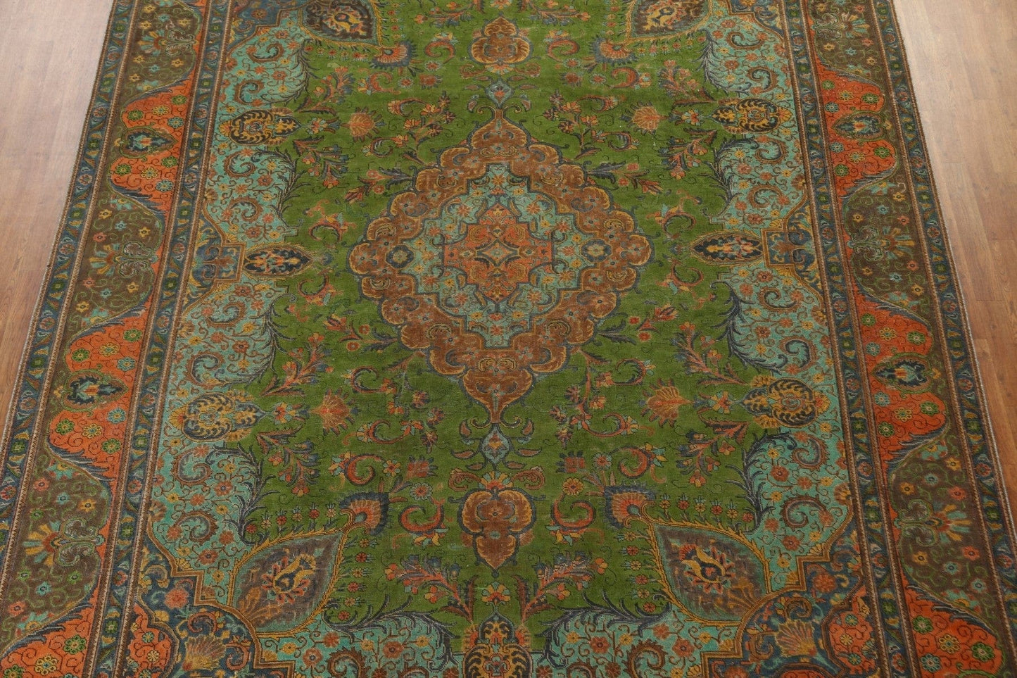 Distressed Green Tabriz Persian Area Rug 10x13