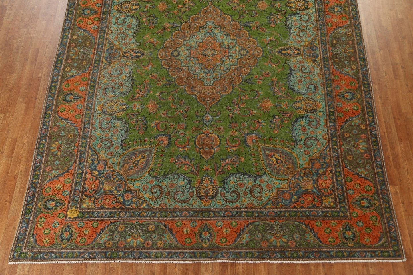 Distressed Green Tabriz Persian Area Rug 10x13